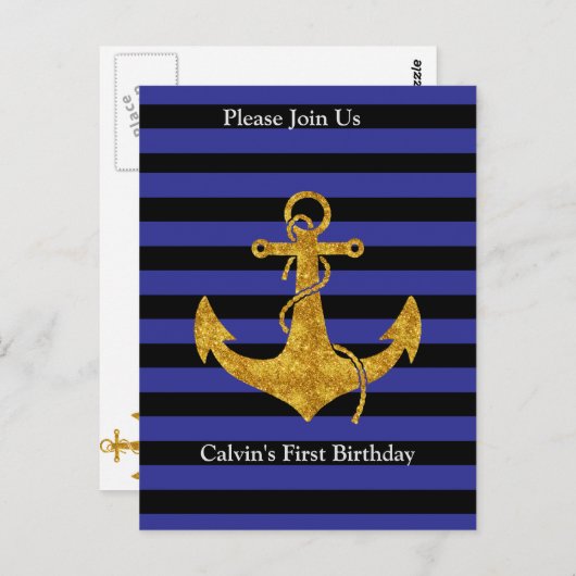 Gold Anchor op blauwe strepen met aangepaste kleur Briefkaart (Voorkant / Achterkant)