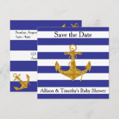 Gold Anchor op blauwe strepen Save the Date (Voorkant / Achterkant)