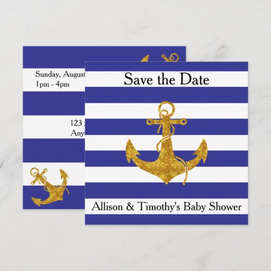 Gold Anchor op blauwe strepen Save the Date (Voorkant / Achterkant)