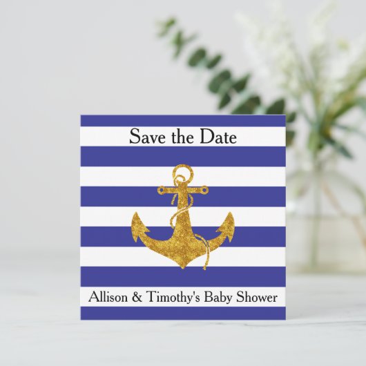 Gold Anchor op blauwe strepen Save the Date (Staand voorkant)