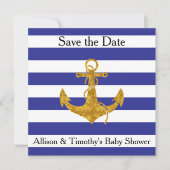 Gold Anchor op blauwe strepen Save the Date (Voorkant)