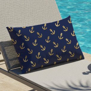 Gold Anchor Pattern Blue Nautical Outdoor Buitenkussen