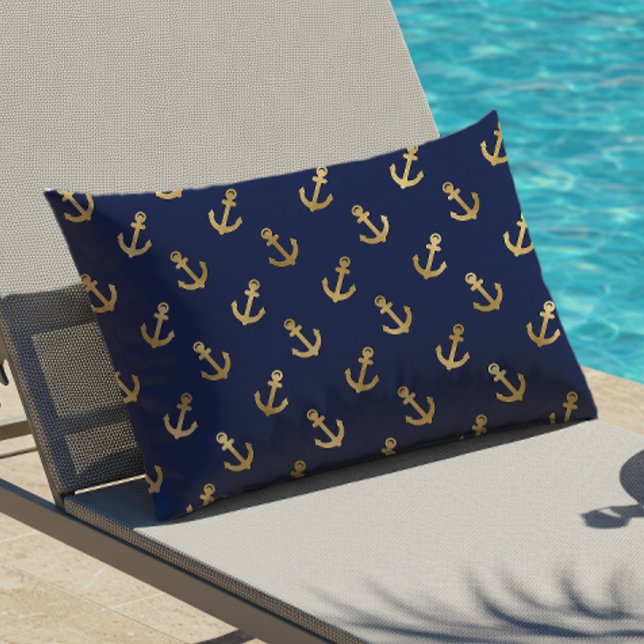 Gold Anchor Pattern Blue Nautical Outdoor Buitenkussen (Creator heeft geüpload)