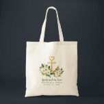 Gold Anchor Personalized Nautical Wedding Tote Bag<br><div class="desc">Een gouden anker met een hart bovenaan in een romantische verzameling bloemen en aangepaste gepersonaliseerde tekst onder aan de voorkant "verankerd in liefde", samen met de bruid- en bruinnamen en de trouwdatum. Geweldig voor de bruid en bruidegom die graag aan boord zijn of een bruiloft hebben op een boot, een...</div>