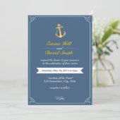 Gold Anchor Royal Blue Nautical Wedding Invites Kaart (Staand voorkant)