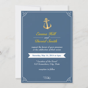 Gold Anchor Royal Blue Nautical Wedding Invites Kaart