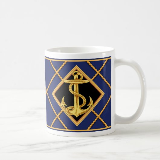 Gold Anchor & Ship Rope Navy Blue Nautical Mok/Cup Koffiemok (Rechts)