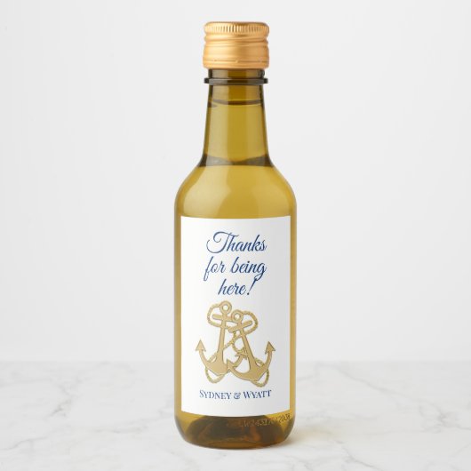 Gold Anchors Nautical Wedding Mini Bottle Wijn Etiket (Voorkant)