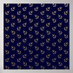 Gold Anchors Navy Blue Background Pattern Poster