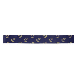 Gold Anchors Navy Blue Background Pattern Satijnen Lint