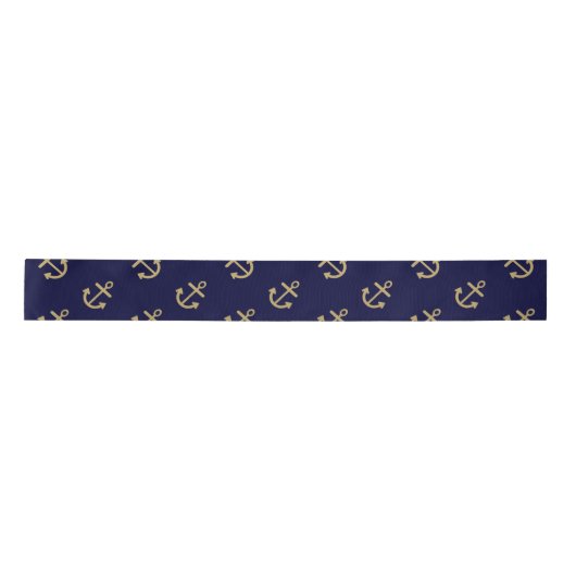 Gold Anchors Navy Blue Background Pattern Satijnen Lint (Voorkant)