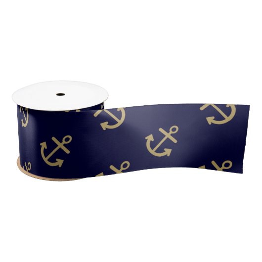 Gold Anchors Navy Blue Background Pattern Satijnen Lint (Spoel)