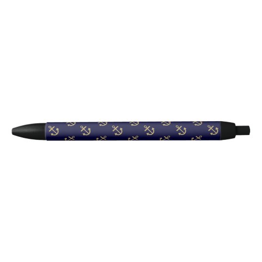Gold Anchors Navy Blue Background Pattern Zwarte Inkt Pen (Voorkant)