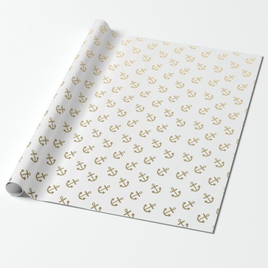 Gold Anchors White Background Pattern Cadeaupapier (Uitgerold)