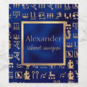 Gold Ancient Egyptian Hieroglyphics Art over Blauw Wijn Etiket (Enkel label)