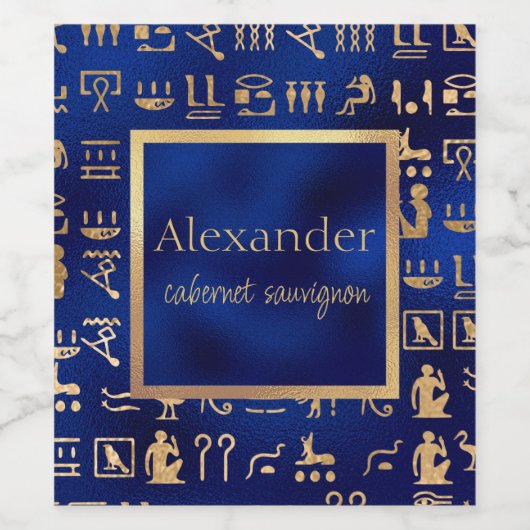 Gold Ancient Egyptian Hieroglyphics Art over Blauw Wijn Etiket (Enkel label)