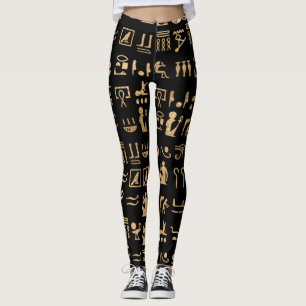 Gold Ancient Egyptian Hieroglyphics op Black Leggings
