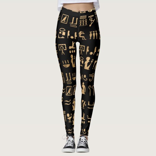 Gold Ancient Egyptian Hieroglyphics op Black Leggings (Voorkant)