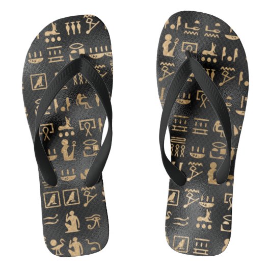 Gold Ancient Egyptian Hieroglyphics op Black Teenslippers (Voetbed)