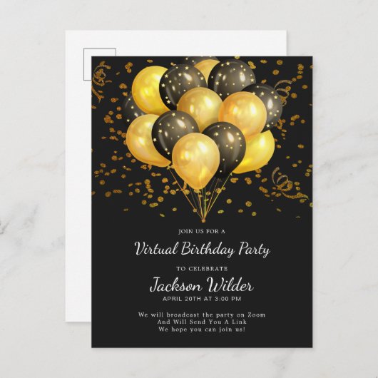Gold and Black Birthday Party Invitation Briefkaar Uitnodiging Briefkaart (Voorkant / Achterkant)