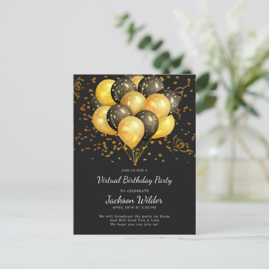 Gold and Black Birthday Party Invitation Briefkaar Uitnodiging Briefkaart (Staand voorkant)