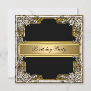 Gold and Black Birthday Party Invitation Kaart