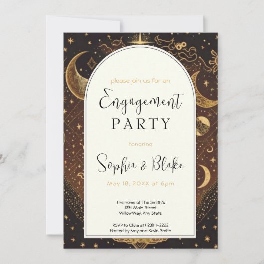Gold and Black Celestial Moon Engagement Party Kaart (Voorkant)