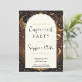 Gold and Black Celestial Moon Engagement Party Kaart (Staand voorkant)