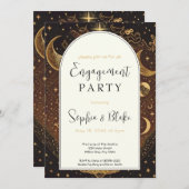 Gold and Black Celestial Moon Engagement Party Kaart (Voorkant / Achterkant)