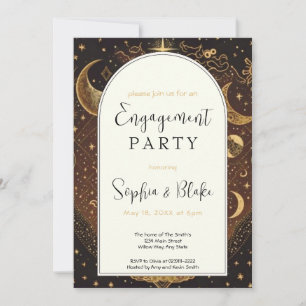 Gold and Black Celestial Moon Engagement Party Kaart