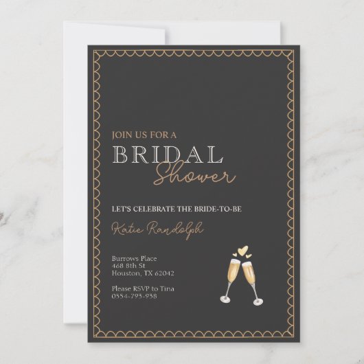 Gold and Black Champagne Bridal Shower Invitation Kaart (Voorkant)