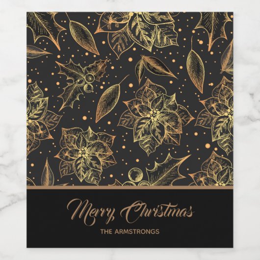 Gold and Black Christmas Floral Wijn Etiket (Enkel label)