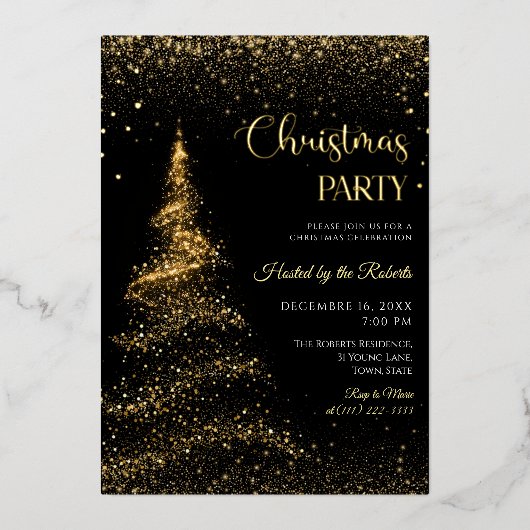 Gold and Black Christmas Holiday Party  Foil  Folie Uitnodiging (Voorkant)