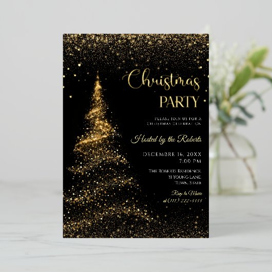 Gold and Black Christmas Holiday Party  Foil  Folie Uitnodiging (Staand Voorkant)