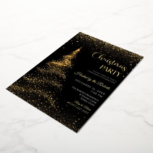 Gold and Black Christmas Holiday Party  Foil  Folie Uitnodiging (Gedraaid)
