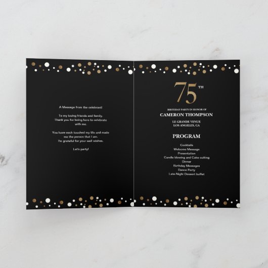 Gold and Black confetti 75e verjaardagsprogramma Programma (Binnen)