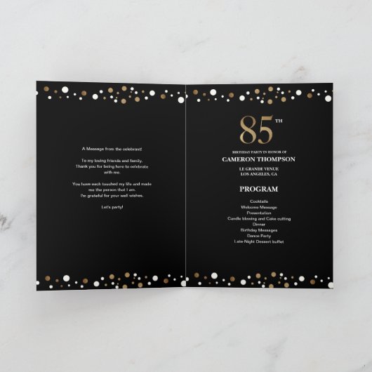Gold and Black confetti 85th verjaardagsprogramma Programma (Binnen)