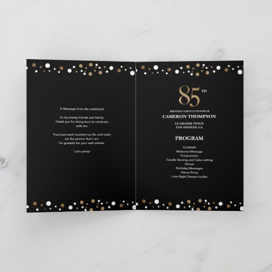 Gold and Black confetti 85th verjaardagsprogramma Programma (Binnen)
