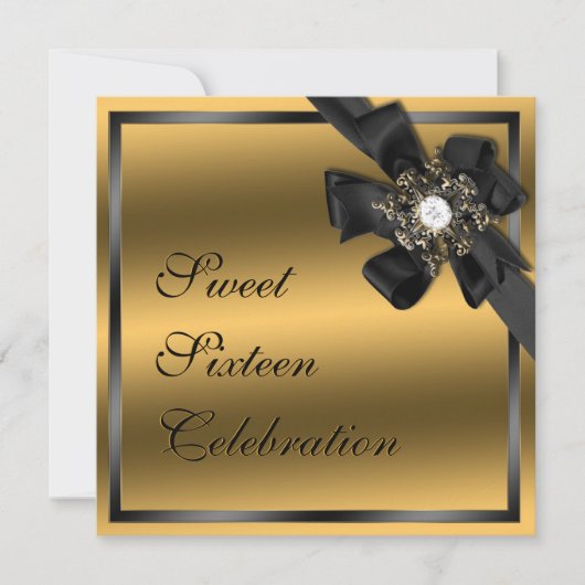Gold and Black Diamond Bowed Invite Kaart (Voorkant)