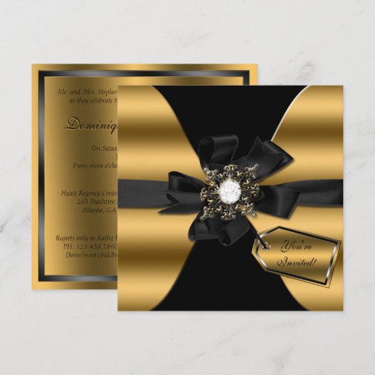 Gold and Black Diamond Bowed Invite Kaart (Voorkant / Achterkant)