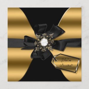 Gold and Black Diamond Bowed Invite Kaart