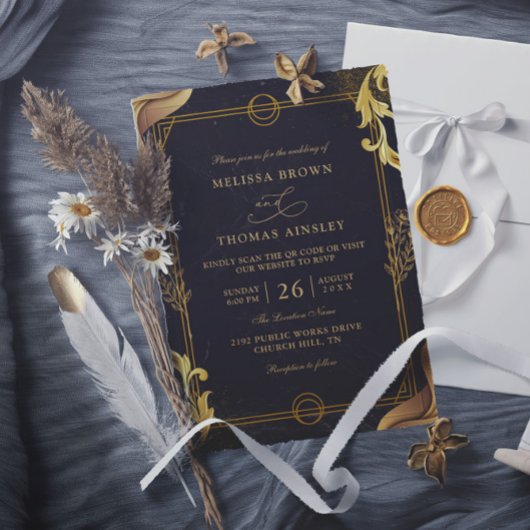 Gold and Black Elegant Budget QR Code Wedding Kaart