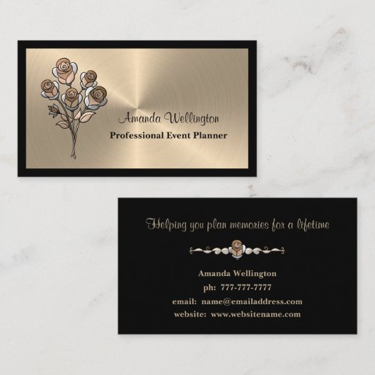 Gold and Black Floral Event Planner Business Card Visitekaartje (Voorkant / Achterkant)