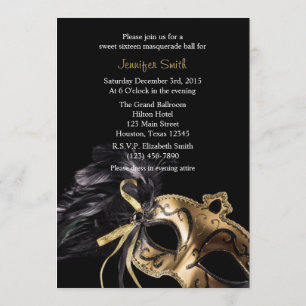 Gold and Black Masquerade Sweet 16 Ball Invitation Kaart