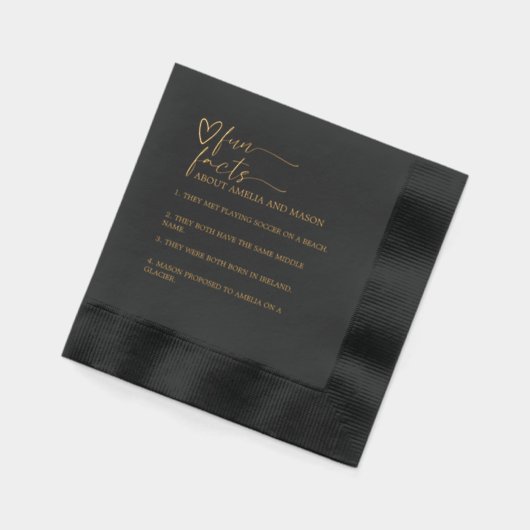 Gold and Black Script Calligraphy Wedding Fun Fact Folie Servetten (Links)