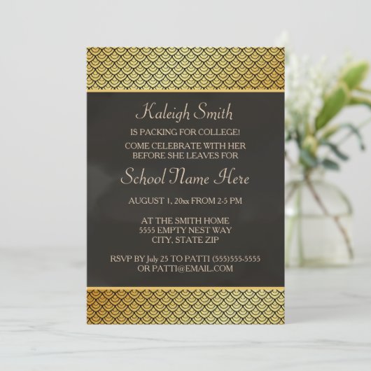 Gold and Black Trunk Party "Off to College" uitnod Kaart (Staand voorkant)