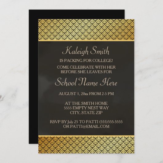 Gold and Black Trunk Party "Off to College" uitnod Kaart (Voorkant / Achterkant)