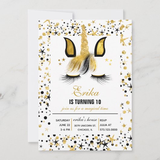 Gold and Black Unicorn Birthday Party Invitation Kaart (Voorkant)