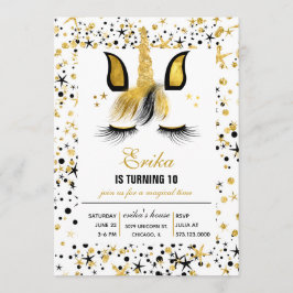 Gold and Black Unicorn Birthday Party Invitation Kaart