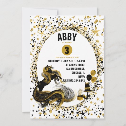 Gold and Black Unicorn Birthday Party Invitation Kaart (Voorkant)
